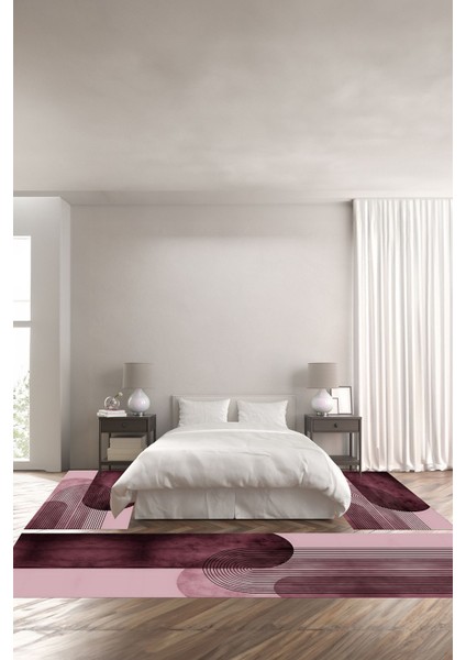 Dijital Baskılı Kaymaz Yıkanabilir Modern Sade Desenli Üçlü Yatak Odası, Yo-Modern-165-Pembe,