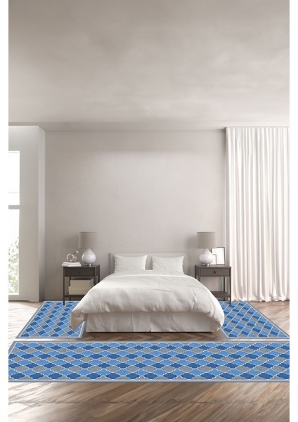 Dijital Kaymaz Yıkanabilir Modern Çerçeveli Kupa Desenli Üçlü Yatak Odası, Yo-Modern-169-Mavi,