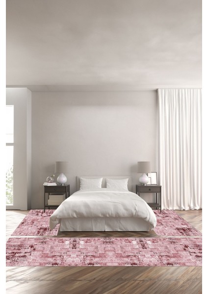 Dijital Baskılı Kaymaz Yıkanabilir Modern Sade Efektli Üçlü Yatak Odası, Yo-Modern-196-Pembe,