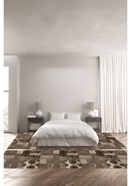 Baskılı Kaymaz Yıkanabilir Patchwork Çiçek Desenli Üçlü Yatak Odası, Yo-Patchwork-34-Kahve,