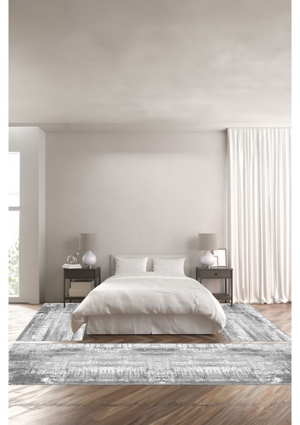 Dijital Kaymaz Yıkanabilir Sade Çizgi Efektli Dekoratif Üçlü Yatak Odası, Yo-Sade-80-Gri,