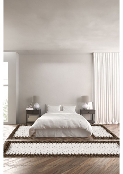 Dijital Baskılı Kaymaz Yıkanabilir Modern Kare Desenli Üçlü Yatak Odası, Yo-Modern-204-Kahve,