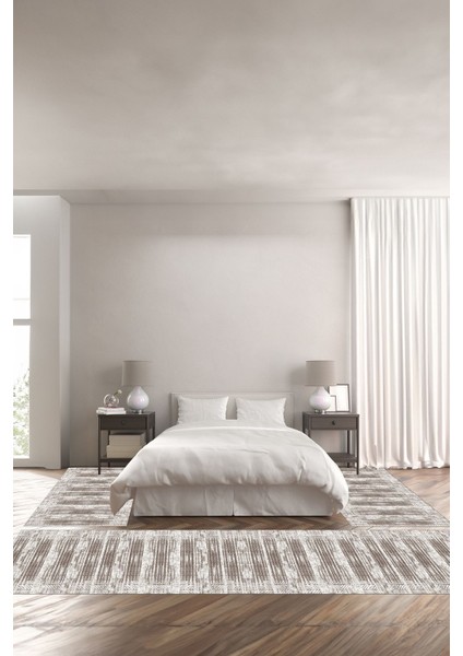 Dijital Kaymaz Yıkanabilir Modern Kesik Zigzag Desenli Üçlü Yatak Odası, Yo-Modern-205-Bej,