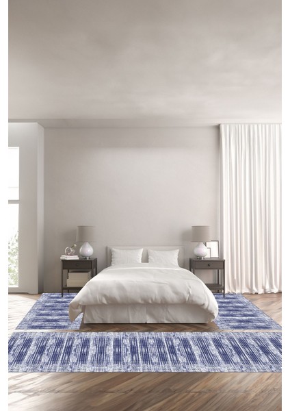 Dijital Kaymaz Yıkanabilir Modern Kesik Zigzag Desenli Üçlü Yatak Odası, Yo-Modern-205-Lacivert,