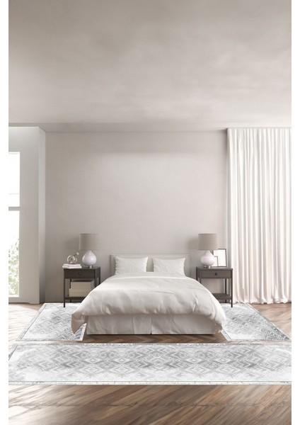 Dijital Baskılı Kaymaz Taban Yıkanabilir Sade Akrilik Desenli Üçlü Yatak Odası, Yo-Sade-86-Gri,