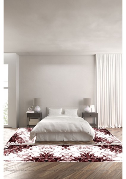 Baskılı Kaymaz Yıkanabilir Mermer Çerçeveli Çiçek Desenli Üçlü Yatak Odası, Yo-Mermer-60-Bordo,