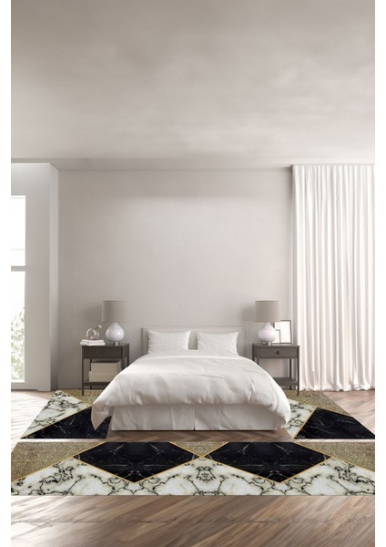 Dijital Baskılı Kaymaz Yıkanabilir Üç Model Mermer Desenli Üçlü Yatak Odası, Yo-Mermer-57-Bej,