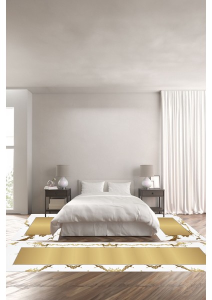 Dijital Baskılı Kaymaz Yıkanabilir Çerçeve Mermer Desenli Üçlü Yatak Odası, Yo-Mermer-58-Gold,