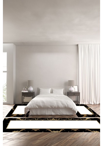 Dijital Baskılı Kaymaz Yıkanabilir Çerçeve Mermer Desenli Üçlü Yatak Odası, Yo-Mermer-58-Siyah,