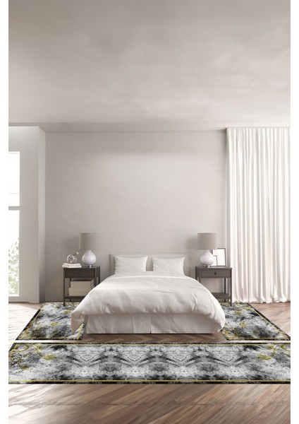 Dijital Baskılı Kaymaz Yıkanabilir Mermer Çiçek Motifli Üçlü Yatak Odası, Yo-Mermer-59-Gri,