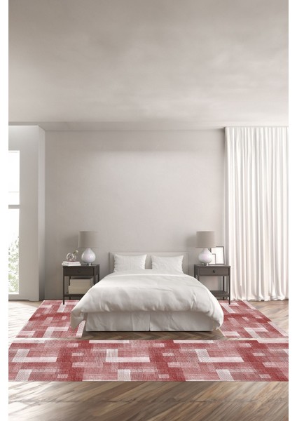 Baskılı Kaymaz Yıkanabilir Patchwork Çizgili Modern Üçlü Yatak Odası, Yo-Patchwork-33-Pembe,