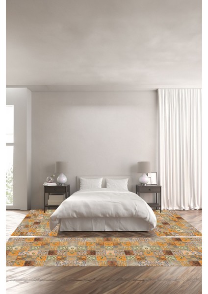 Baskılı Kaymaz Yıkanabilir Patchwork Çiçek Motifli Modern Üçlü Yatak Odası, Yo-Patchwork-35-Turuncu,