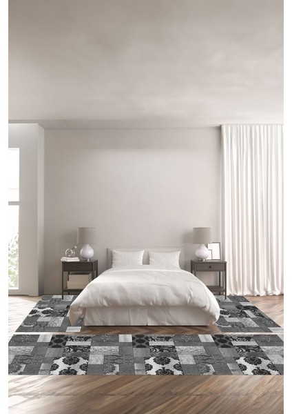 Baskılı Kaymaz Yıkanabilir Patchwork Çiçek Desenli Üçlü Yatak Odası, Yo-Patchwork-34-Gri,