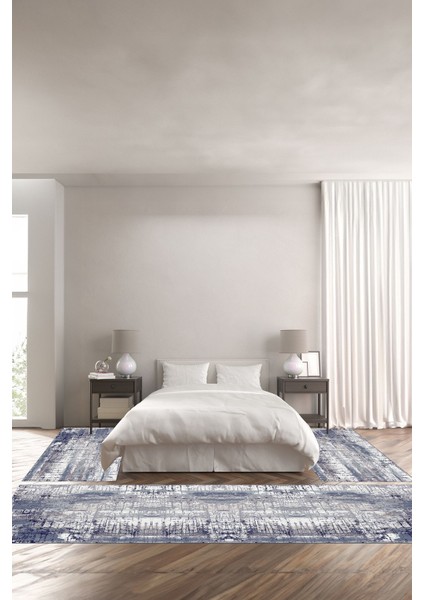 Dijital Kaymaz Yıkanabilir Sade Çizgi Efektli Dekoratif Üçlü Yatak Odası, Yo-Sade-80-Lacivert,