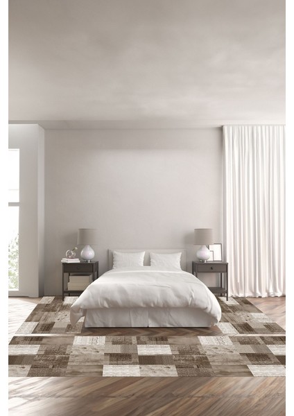Baskılı Kaymaz Yıkanabilir Patchwork Sade Etnik Modern Üçlü Yatak Odası, Yo-Patchwork-36-Kahve,