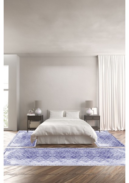 Dijital Baskılı Kaymaz Taban Yıkanabilir Sade Akrilik Desenli Üçlü Yatak Odası, Yo-Sade-86-Lacivert,