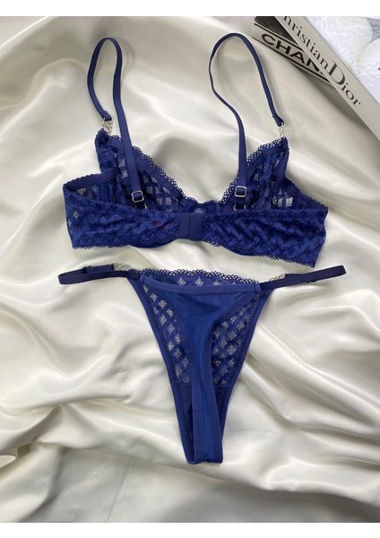 Lacivert Nude Dantelli Bralet Sütyen Kilot Takım Tanga