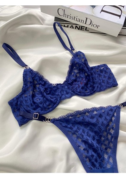 Lacivert Nude Dantelli Bralet Sütyen Kilot Takım Tanga