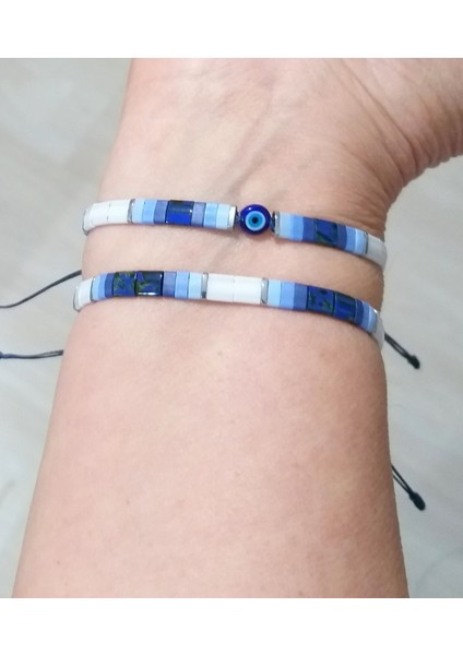 Gümüş Rengi Hematit Doğaltaşlı Nazar Boncuklu Mavi Miyuki Tila Unisex Ikili Bileklik indirimleri