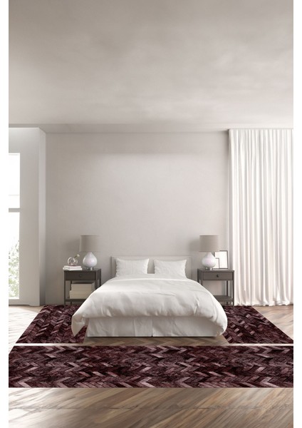 Baskılı Kaymaz Yıkanabilir Patchwork Çizgili Modern Üçlü Yatak Odası, Yo-Patchwork-29-Bordo,