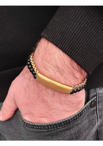 Çelik ve Boncuk Detaylı 2li Kordon Erkek Bileklik 23 cm