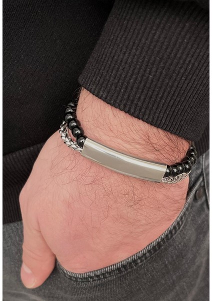 Çelik ve Boncuk Detaylı 2li Kordon Erkek Bileklik 23 cm