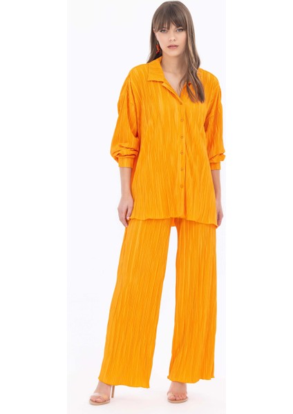 Elastik Bel Geniş Paça Tam Boy Pantolon-Turuncu