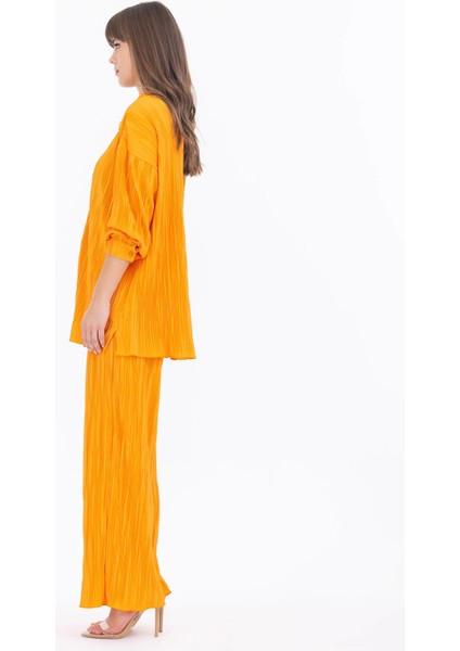 Elastik Bel Geniş Paça Tam Boy Pantolon-Turuncu modelleri