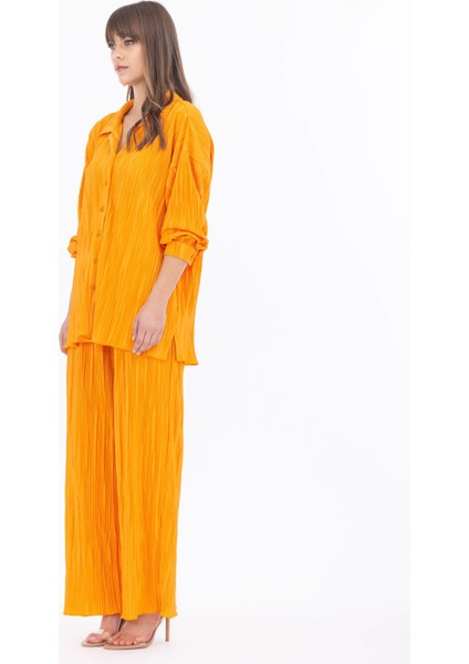 Elastik Bel Geniş Paça Tam Boy Pantolon-Turuncu fırsatları