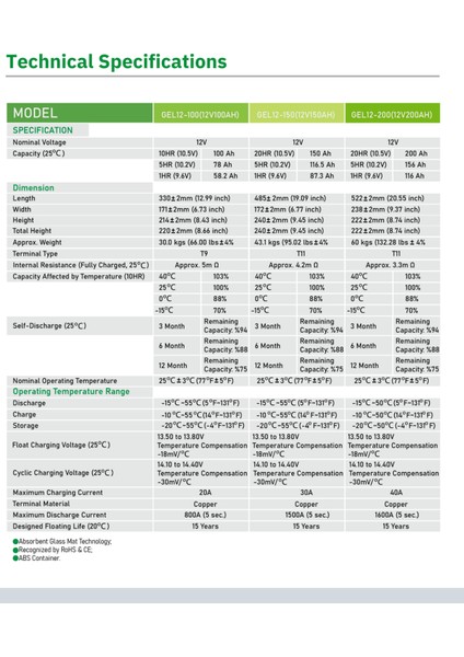 12V 200AH Jel Akü modelleri