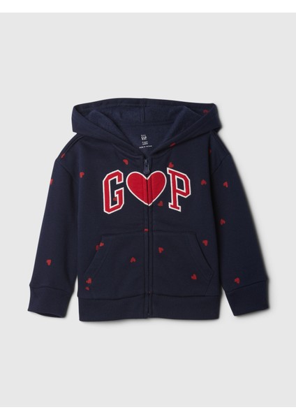 Kız Bebek Lacivert Gap Logo Relaxed Kalp Desenli Fermuarlı Fleece Sweatshirt