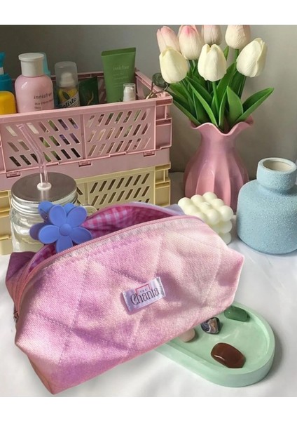 Lila Pembe Efektli Jean Kumaş Makyaj Çantası Büyük Boy