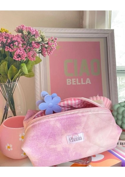 Lila Pembe Efektli Jean Kumaş Makyaj Çantası Büyük Boy fiyatları