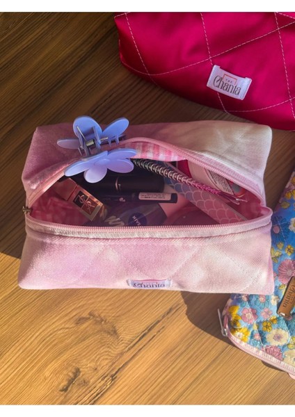 Lila Pembe Efektli Jean Kumaş Makyaj Çantası Büyük Boy modelleri