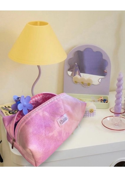 Lila Pembe Efektli Jean Kumaş Makyaj Çantası Büyük Boy indirimleri