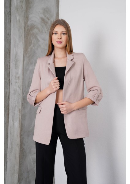 Kadın Violet Blazer Ceket, Astarlı Kol Katlamalı Oversize Ceket