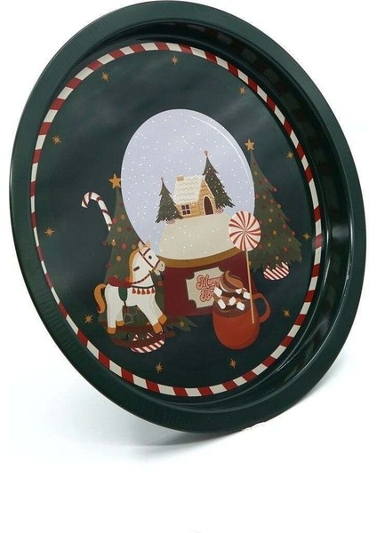 Winter Sphere Desenli Yuvarlak Metal Tepsi, 31,5 cm
