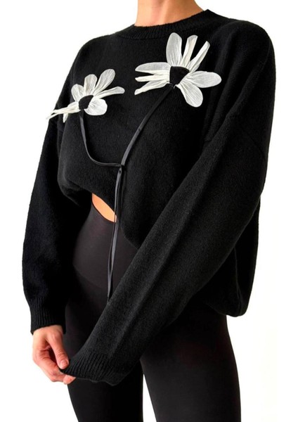 Oversize Çiçek Detaylı Kazak