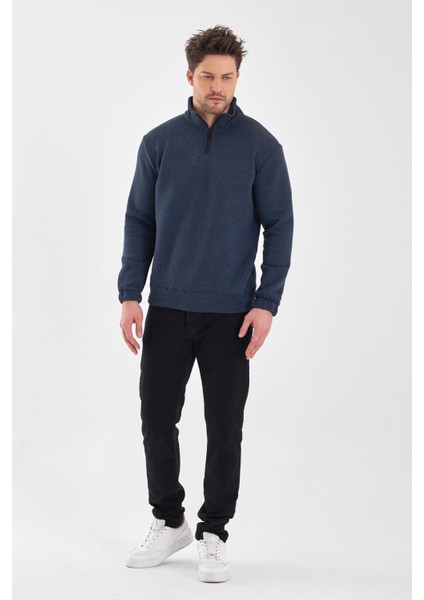 Erkek Düz Renk Dik Yaka Yarım Fermuarlı Sweatshirt