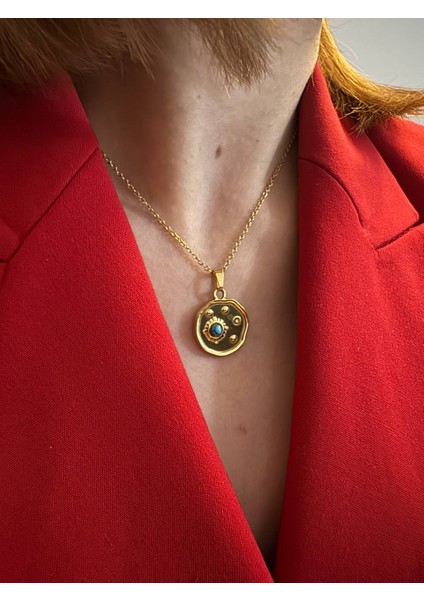 Turkuaz Taşlı Özel Tasarım Gold Çelik Kolye