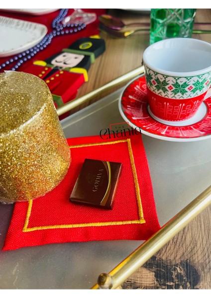 Kırmızı Simli Gold Piko Nakışlı Keten Kokteyl Sunum Peçete fiyatları