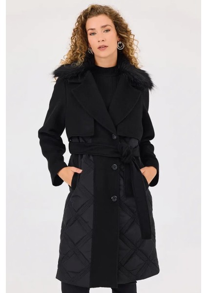 Kadın Çift Kumaşlı Kuşaklı Cep Detaylı Kaban - Siyah