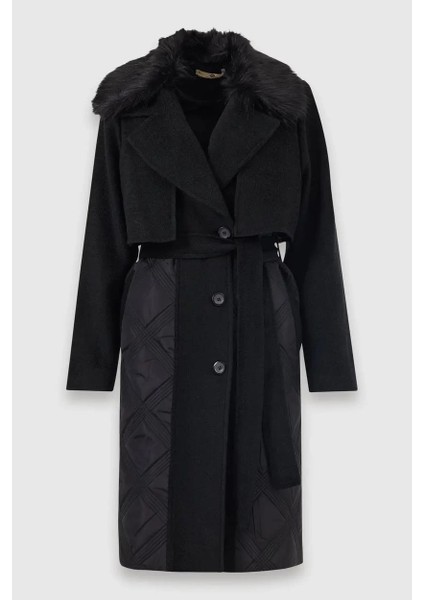 Kadın Çift Kumaşlı Kuşaklı Cep Detaylı Kaban - Siyah fırsatları