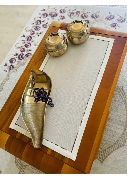 El Yapımı Antika Ajurlu Işlenebilir Linen Runner Ekru 80 x 40 cm