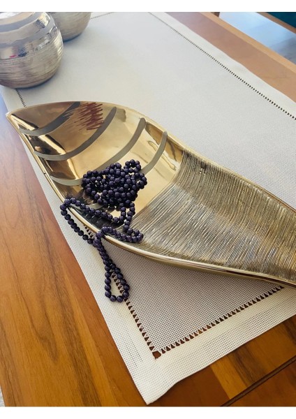 El Yapımı Antika Ajurlu Işlenebilir Linen Runner Ekru 80 x 40 cm