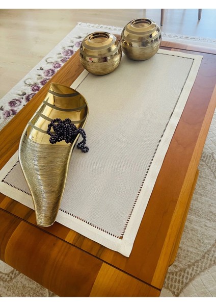 El Yapımı Antika Ajurlu Işlenebilir Linen Runner Ekru 80 x 40 cm