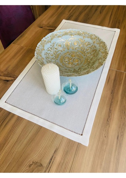 El Yapımı Antika Ajurlu Işlenebilir Linen Runner Ekru 80 x 40 cm