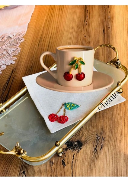 Kiraz Motifli Kahve Fincanına Işleme Taşlı Keten Sunum Peçetesi modelleri
