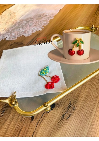 Kiraz Motifli Kahve Fincanına Işleme Taşlı Keten Sunum Peçetesi fırsatları