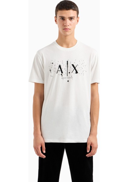 Erkek Logolu Bisiklet Yaka T-Shirt - Beyaz